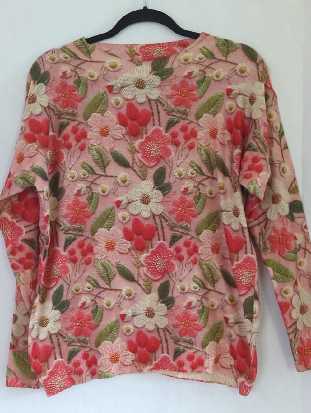 Pink White Red Green Floral Long Sleeve Pullover Sweater Size L